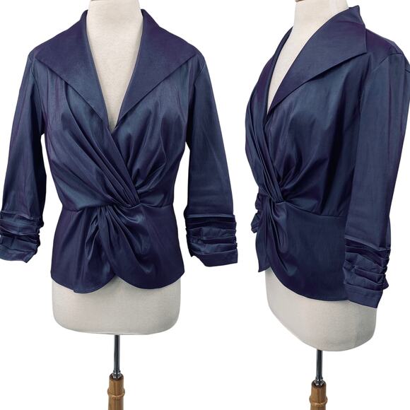 Tadashi Shoji Taffeta Twist Front Blouse Dramatic Wing Collar Slate Blue 14 - Picture 1 of 13
